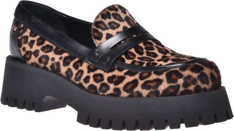 Baldinini Loafers in leopard-print pony skin and black leather Brown Dames