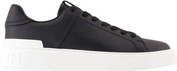 Balmain Zwarte Leren Sneakers Ronde Neus Vetersluiting Black Heren