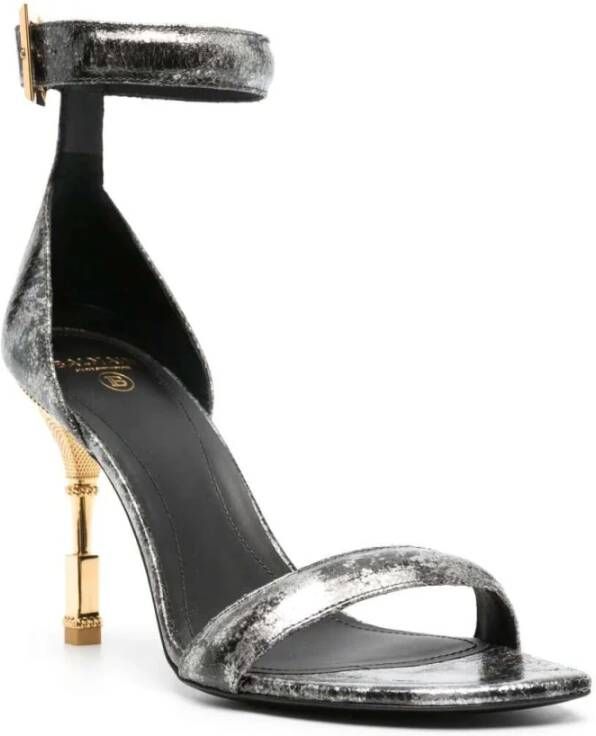 Balmain Metallic Leren Hoge Hak Sandalen Gray Dames