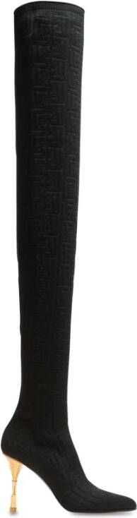 Balmain Moneta monogrammed knit thigh-high boots Black Dames