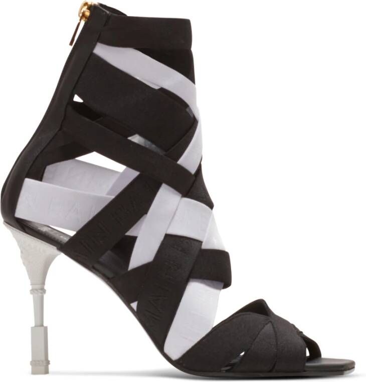 Balmain Moneta leather and elastic sandals with logo Sandales Moneta en cuir et élastique à logo Black Red White Dames