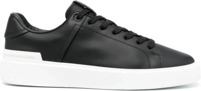 Balmain Zwarte Leren Sneakers Ronde Neus Vetersluiting Black Heren