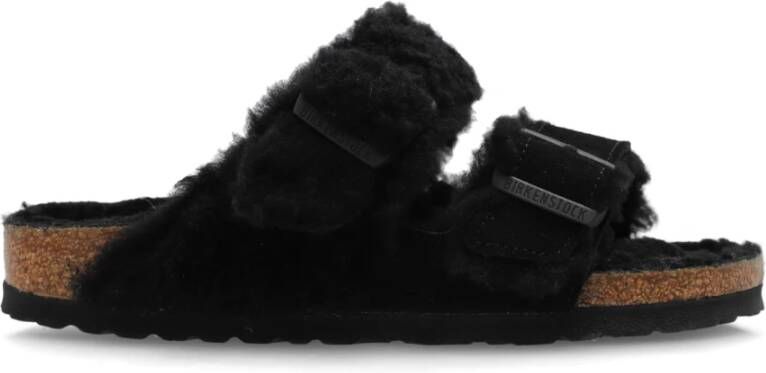 Birkenstock Zwarte Lamb Fur Sleepers met Logoed Gespen Black Dames