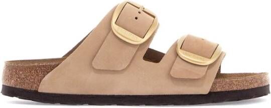 Birkenstock Dubbele Band Leren Slides Beige Dames