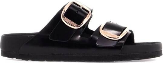 Birkenstock Roségouden Gesp Leren Slides Black Dames