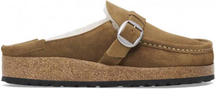 Birkenstock Schapenvacht Mocassin Clog met Grote Gesp Brown Dames