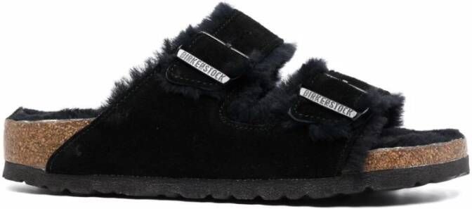 Birkenstock Shearling Suède Leren Sandalen Black Dames