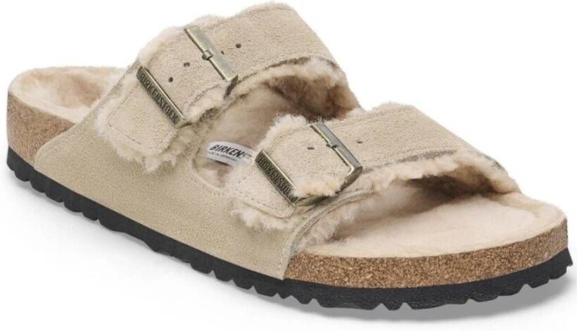 Birkenstock Shearling Taupe Leder Arizona Slippers Beige Heren