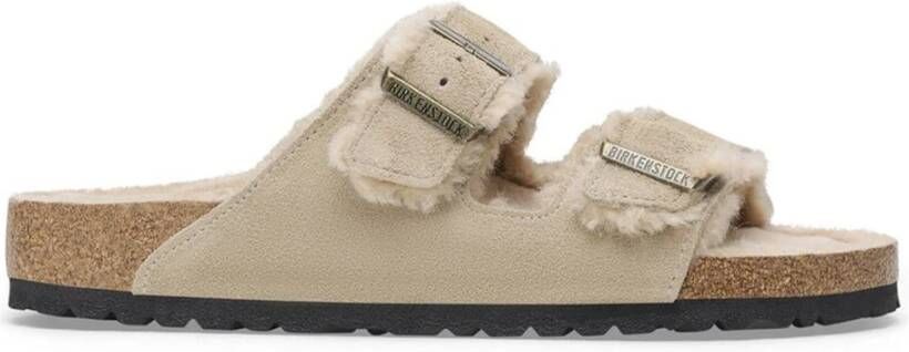 Birkenstock Shearling Taupe Leren Arizona Slippers Beige Heren