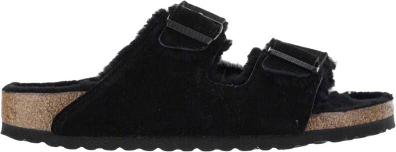 Birkenstock Shearling Zwarte Sandalen Verstelbare Banden Kurk Black Dames