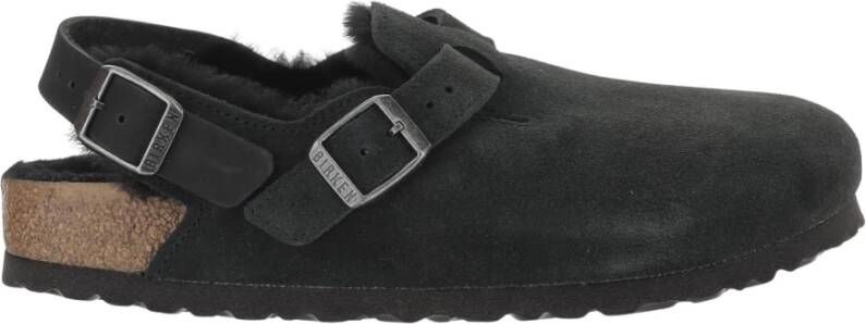 Birkenstock Suède Muiltjes met Lamsvacht Voering Black Dames