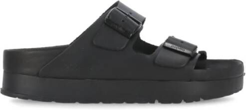 Birkenstock Zwarte Leren Sliders Ronde Neus Sandalen Black