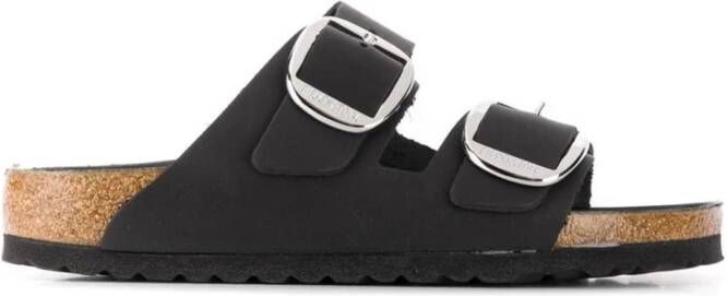 Birkenstock Zwarte Platte Leren Sandalen Black Dames