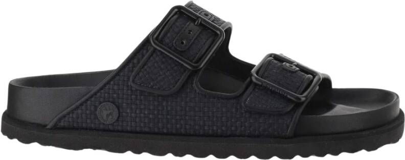 Birkenstock Zwarte Raffia Sandalen met Leren Afwerking Black Dames