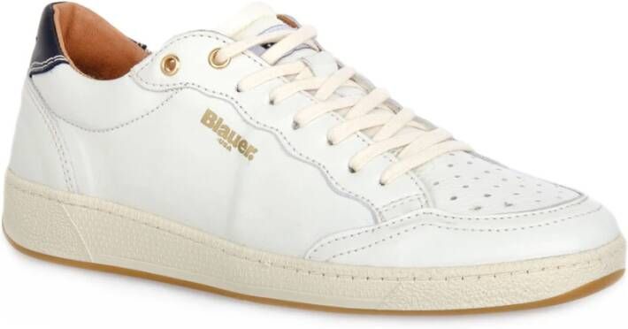 Blauer Witte Leren Lage Sneakers White Heren