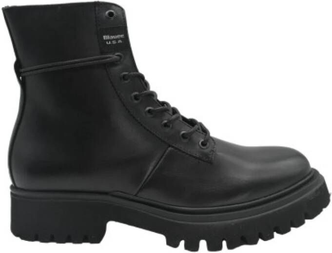 Blauer Zwarte Leren Sneakers Flynn Mannen Black Heren