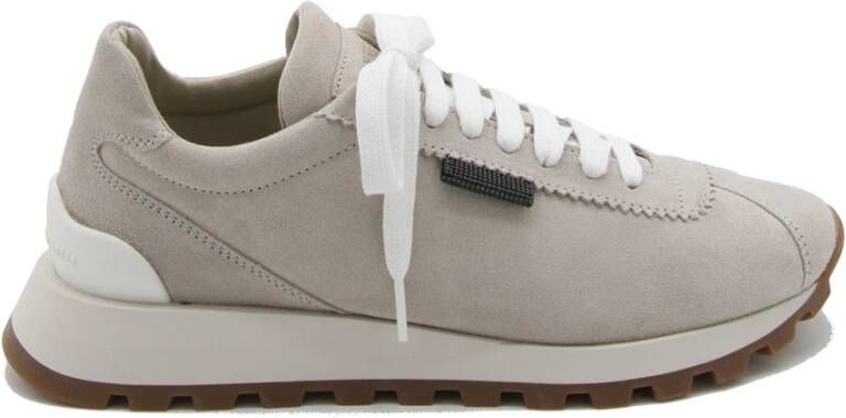 BRUNELLO CUCINELLI Beige Katoenen Vetersneakers Gray Dames