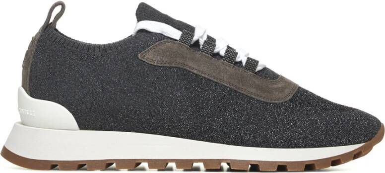 BRUNELLO CUCINELLI Grijze Gebreide en Bruine Suède Sneakers Black Dames