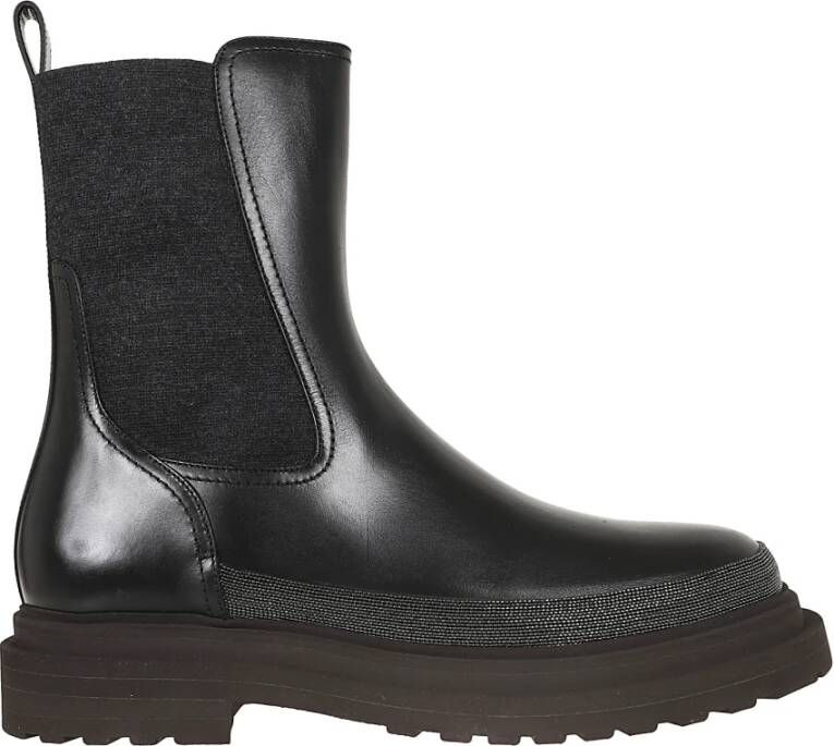 BRUNELLO CUCINELLI Leren Enkellaars met Wol Detail Black Dames