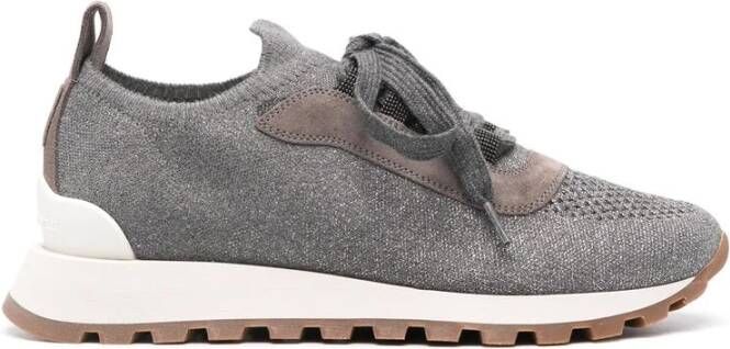 BRUNELLO CUCINELLI Metallic Grijze Gebreide Sneakers met Geperforeerde Neus Gray Dames