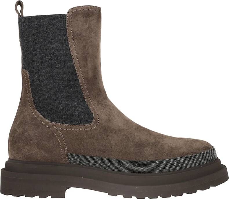 BRUNELLO CUCINELLI Bruine Suède Enkellaarzen Slip-On Stijl Brown Dames