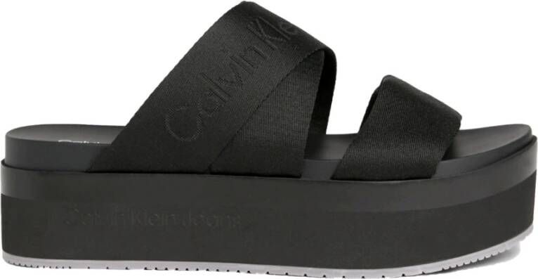 Calvin Klein Jeans Zwarte Platte Sandaal Webbing Black Dames