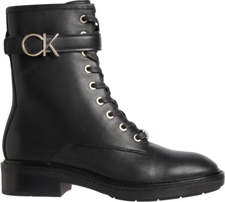 Calvin Klein Zwarte Leren Combatlaarzen met Rubberen Zool Black Dames