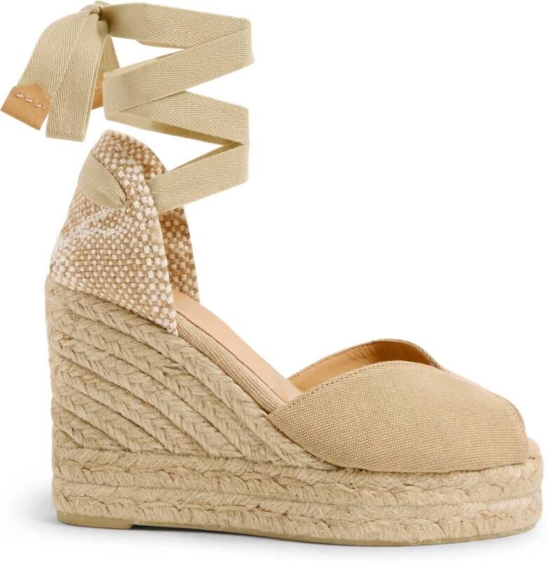 Castañer Bilina gecertificeerde katoenen espadrilles met striksluiting en 7 cm sleehak. Beige Dames