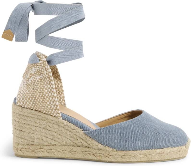 Castañer Carina gewassen katoenen espadrilles met striksluiting en 7 cm sleehak. Blue Dames