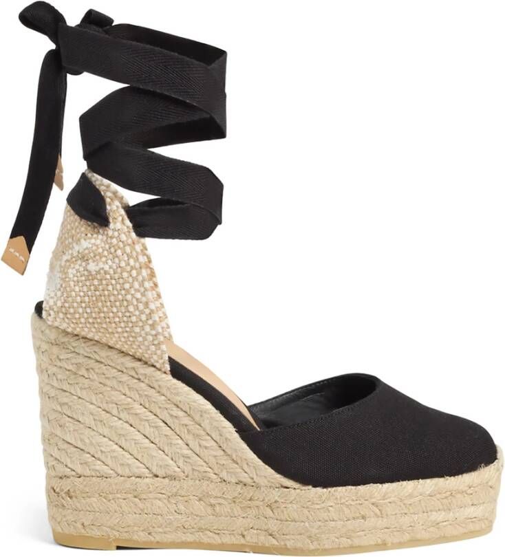 Castañer Carina biologisch katoenen espadrilles met striksluiting dubbele platform en 9 cm sleehak. Black Dames