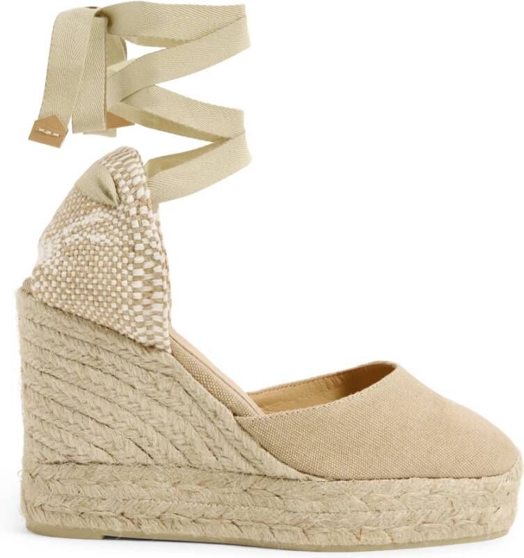 Castañer Carina katoenen espadrilles met gewassen afwerking striksluiting dubbele platform en 9 cm sleehak. Beige Dames