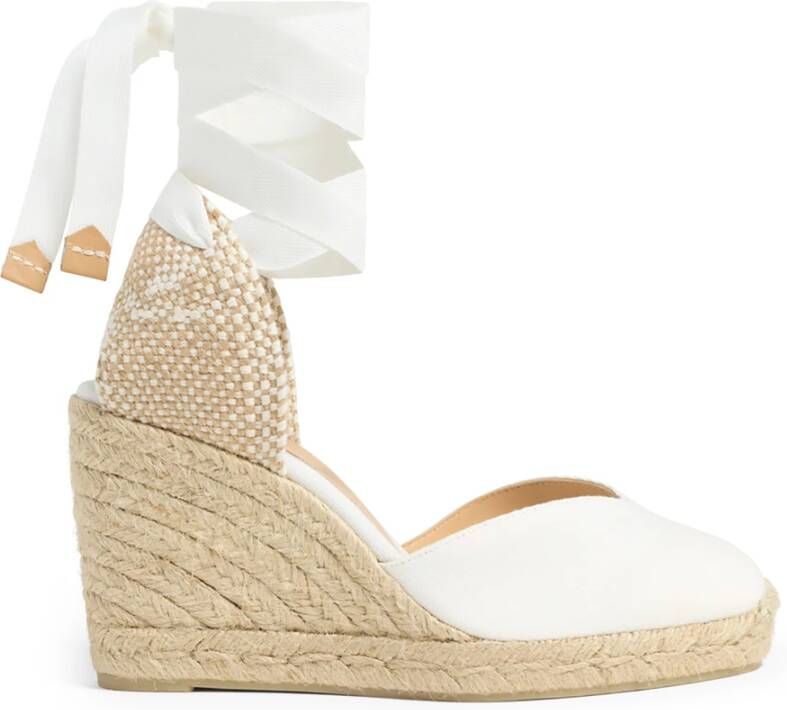 Castañer Chiara biologisch katoenen espadrilles met striksluiting en 9 cm sleehak. White Dames