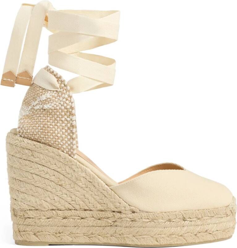 Castañer Chiara biologisch katoenen espadrilles met striksluiting en 11 cm sleehak met dubbele platform. Beige Dames