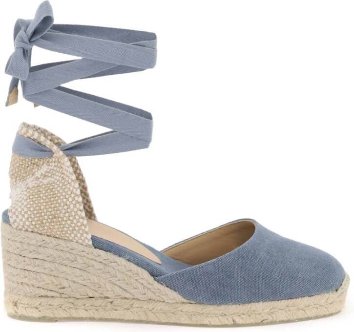 Castañer Carina gewassen katoenen espadrilles met striksluiting en 7 cm sleehak. Blue Dames