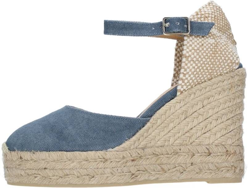 Castañer Carol gewassen katoenen espadrilles met enkelbandje met zij metalen gesp en 11 cm sleehak. Blue Dames