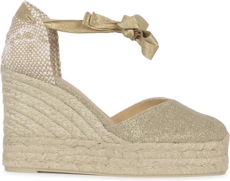 Castañer Chiara metallic-linnen espadrilles met striksluiting en 11 cm sleehak met dubbele platform. Yellow Dames