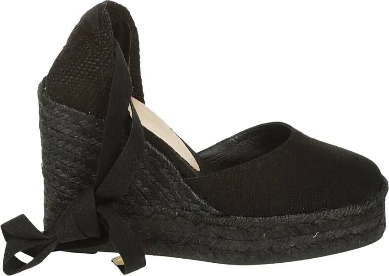 Castañer Carina katoenen espadrilles met striksluiting en 11 cm sleehak. Black Dames