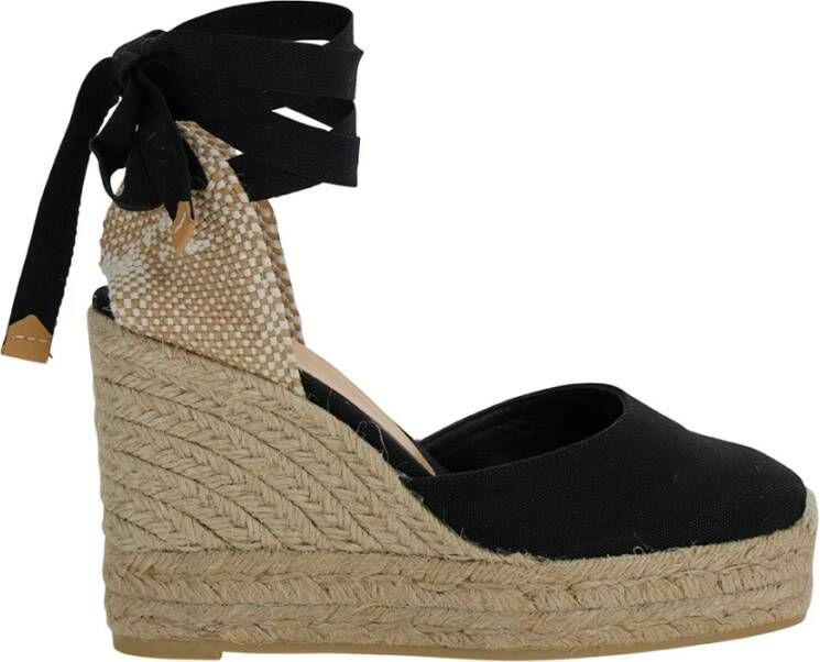 Castañer Carina biologisch katoenen espadrilles met striksluiting dubbele platform en 9 cm sleehak. Black Dames