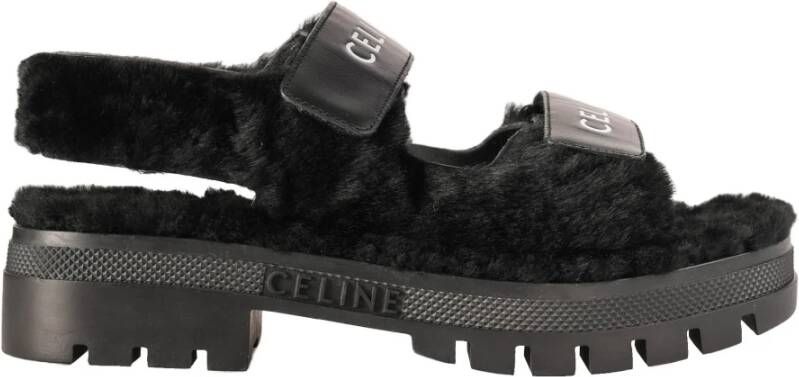 Celine Chunky Leo Shearling Sandalen Black Dames