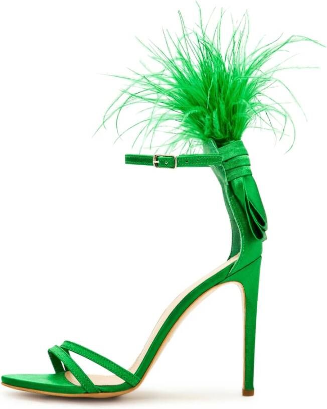 Cesare Gaspari Elegante Zwarte Veren Enkelband Luxe Hoge Hak Sandalen Groen Green Dames