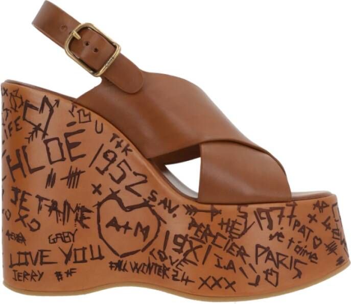 Chloé Bruine leren platform sandalen met enkelband Brown Dames