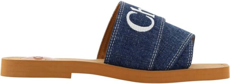 Chloé Denimblauwe Katoenen Slides met Dubbele Voorkantband Blue Dames