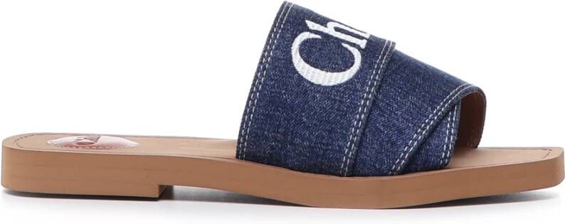 Chloé Denimblauwe Katoenen Slides met Dubbele Voorkantband Blue Dames