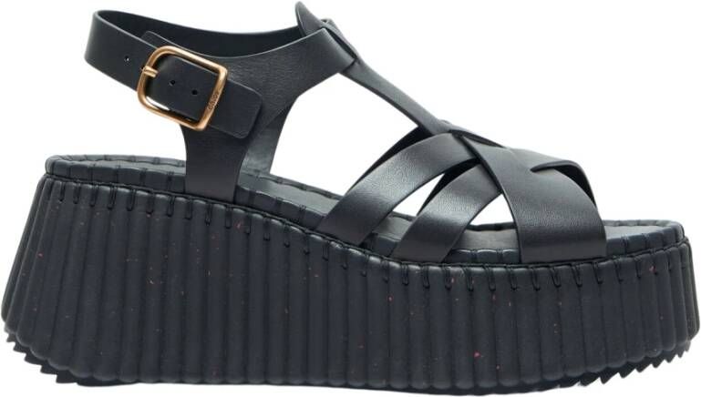 Chloé Geribbelde Platform Leren Sandalen Black Dames