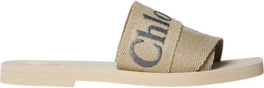 Chloé Logo-print Linnen Blend Woody Sandalen Beige Dames