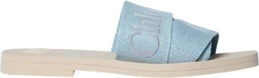 Chloé Logo-print Linnen Blend Woody Sandalen Blue Dames