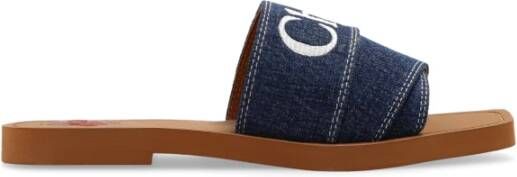 Chloé Denimblauwe Katoenen Slides met Dubbele Voorkantband Blue Dames