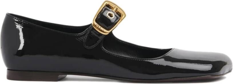 Chloé Zwarte platte schoenen met oversized gouden gesp Black Dames