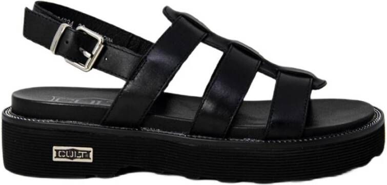 Cult Dames Platte Sandalen Zwart Gesp Strik Black Dames