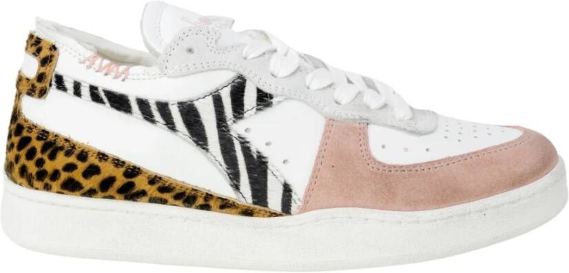 Diadora Heritage Mi Basket Row Cut Savannah Wn lederen veter sneakers wit roze zebra leopard